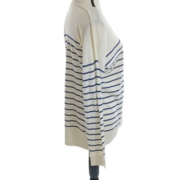 Talbots Sweater Womens Size M Ivory Navy Blue Striped V-Neck Lightweight - Picture 4 of 7